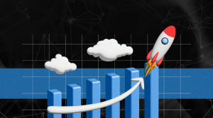 foguete aumentando um gráfico, em volta de nuvens
